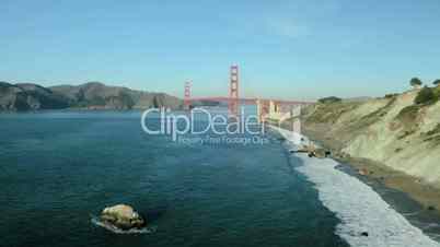 Aerial low angled view of the Golden Gate Bridge, San Francisco, USA