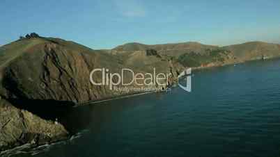 Aerial low angle helicopter view of Golden Gate Bridge, San Francisco, USA