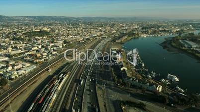 Aerial view of rail tracks and freeway, San Francisco, USA