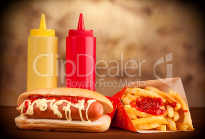 fresh and tasty hot dog with fried potatoes