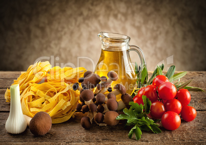 Ingredients for cooking noodles with mushrooms