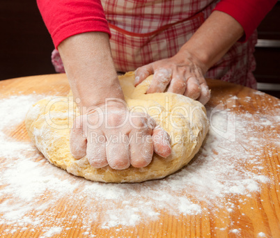 Woman's hands knead dough on wooden table