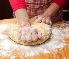 Woman's hands knead dough on wooden table