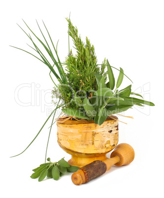 healing herbs with mortar and pestle