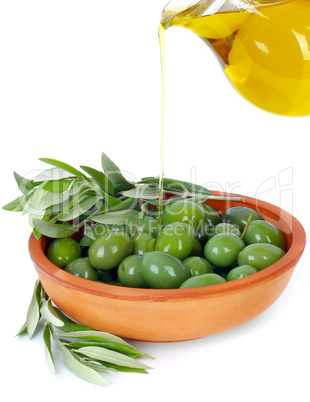 olive oil and branches of an olive tree