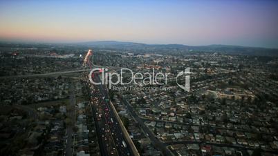 Aerial sunset view of freeway vehicles, San Francisco, USA