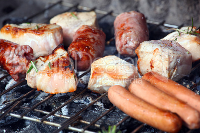 barbecue grill with chicken and meat