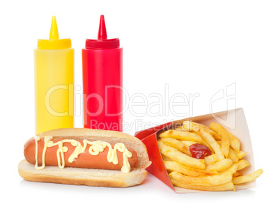 Fresh and tasty hot dog with fried potatoes