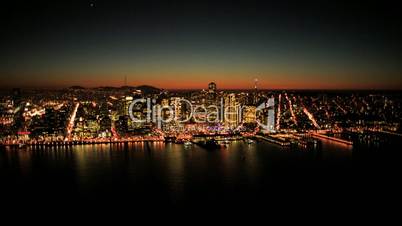 Aerial sunset view of Fishermans Wharf and San Francisco, USA