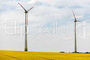 Windmill in blooming canola field