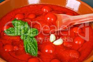 Bowl with tomato sauce