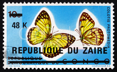postage stamp zaire 1977 yellow splendour tip, butterfly