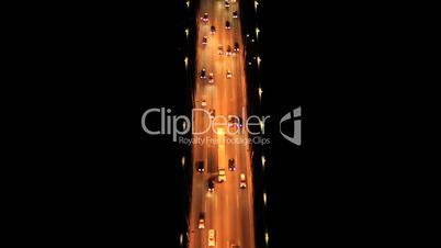 Aerial night vertical view of a illuminated freeway, Oakland Bay Bridge, San Francisco, USA