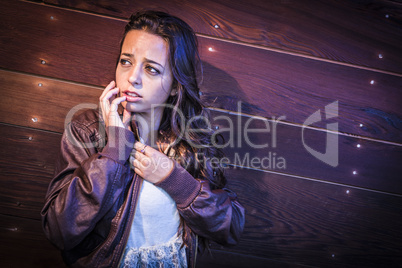 Frightened Pretty Young Woman in Dark Walkway at Night