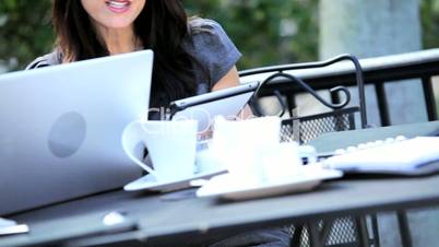 Businesswomen Wireless Tools Downtown Caf