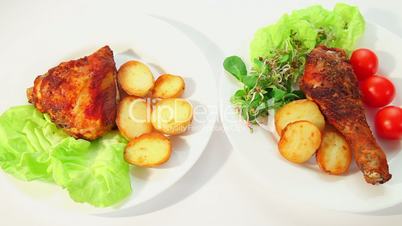 Roasted chicken with potatos salad sprouts and tomatoes dolly shot