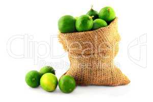 Key Limes in Burlap Bag on white.
