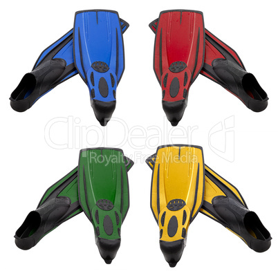 Set of multicolored flippers for diving with water drops