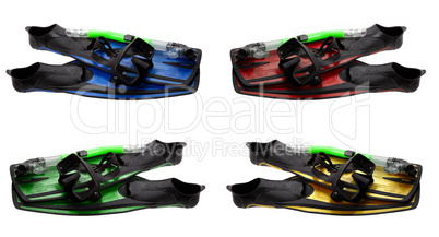 Set of multicolored mask, snorkel and flippers with water drops