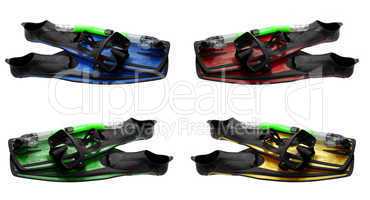 Set of multicolored mask, snorkel and flippers with water drops