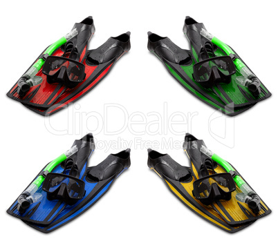 Set of multicolored mask, snorkel and flippers