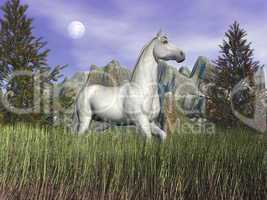 White horse in the grass - 3D render