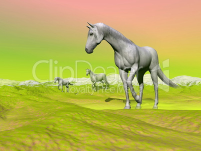 Horses in green landscape - 3D render