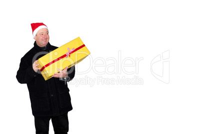 Man running in winter weather with package