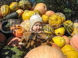 baby sitting on the pumpkins