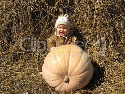 baby hidden behind a huge pumpkin