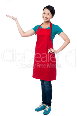 Female chef promoting bakery product