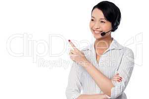 Customer support staff pointing away