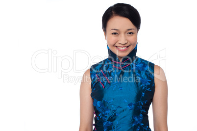 Young attractive chinese woman in blue dress