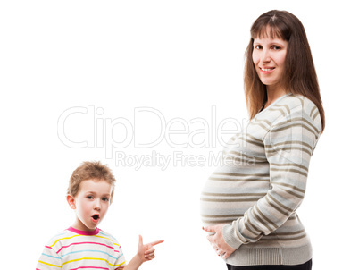 Child boy pointing his pregnant mother abdomen