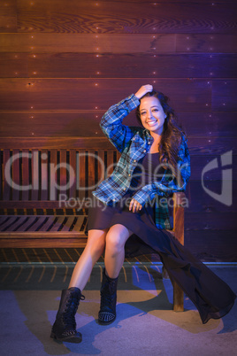 Mixed Race Young Adult Woman Portrait Sitting on Wood Bench