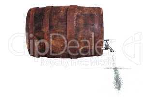 faucet in wooden barrel with water and bubbles