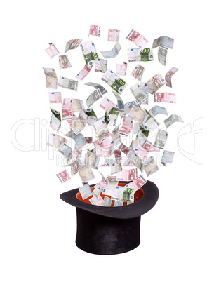 european banknotes flying out of old top hat