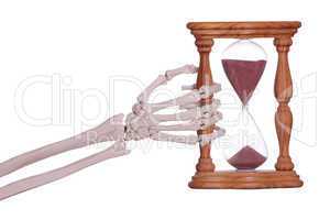 skeleton hand holding sand timer