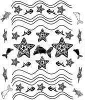 Black and white background with starfish, waves, fish in the style of tattoos