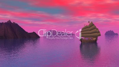 Oriental junk on the ocean by sunset - 3D render