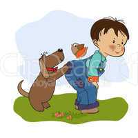 little boy playing with his dog