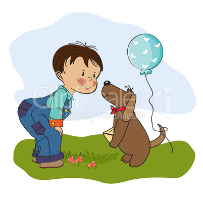 little boy and his dog, birthday card