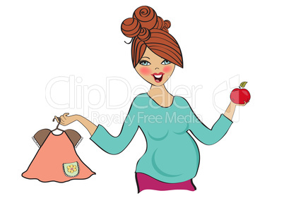 happy pregnant woman at shopping, isolated on white background