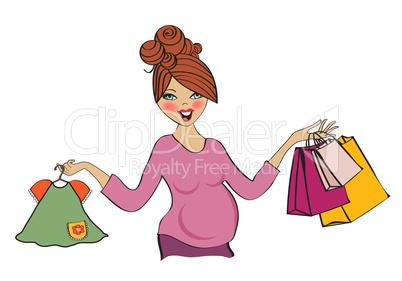 happy pregnant woman at shopping, isolated on white background