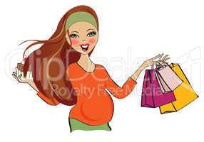 happy pregnant woman at shopping, isolated on white background
