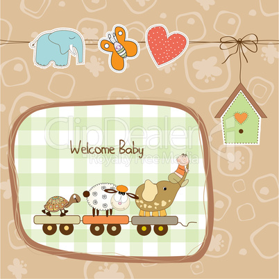 new baby announcement card with animal's train