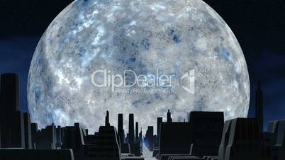 Huge silver moon and city of aliens