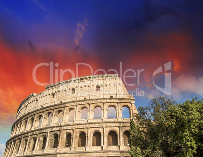 Rome, The Colosseum. Beautiful sunset colors in spring season
