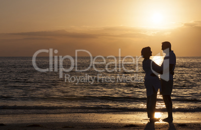 Happy Senior Couple Embracing on Sunset Beach