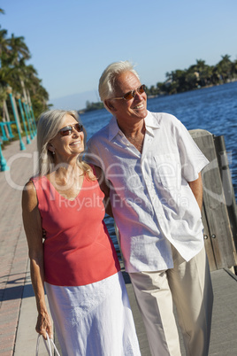 Happy Senior Couple Walking Tropical Sea or River